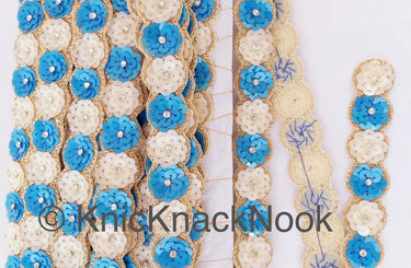 Blue And White Sequins Trim With Diamante Beads And Gold Embroidery, Floral Trims, Trimming